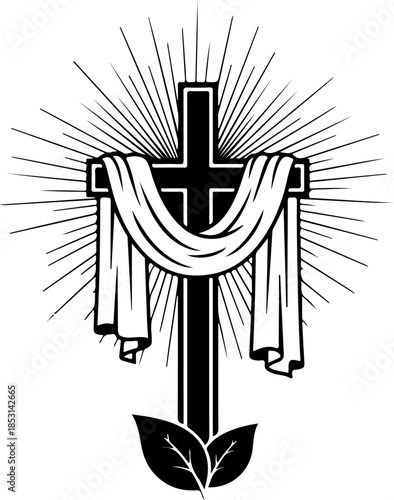 Sacred Christian Cross with Draped Cloth and Radiant Light Silhouette