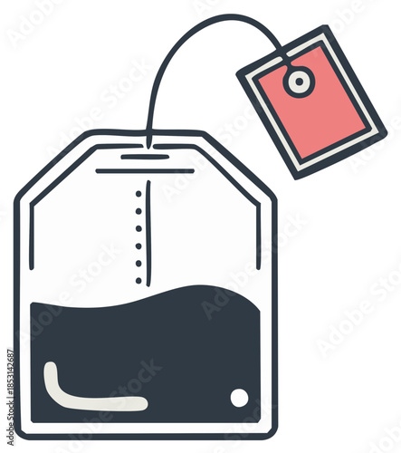 Hand drawn tea bag icon with string and tag for brewing hot beverages and drinks