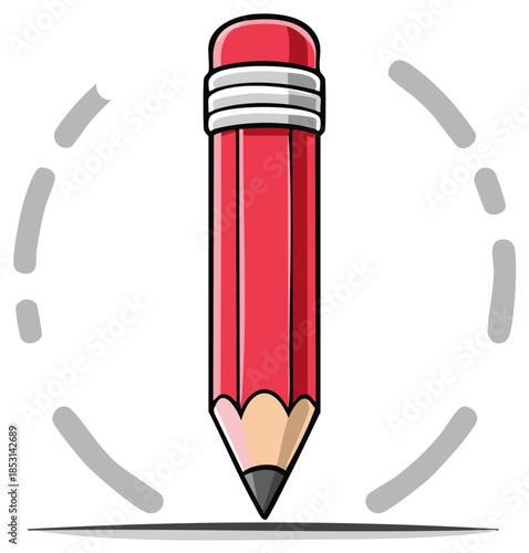 Cartoon illustration of a red pencil with an eraser and drawn dotted lines on a white background