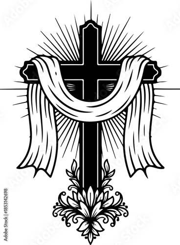 Sacred Christian Cross with Draped Cloth and Radiant Light Silhouette