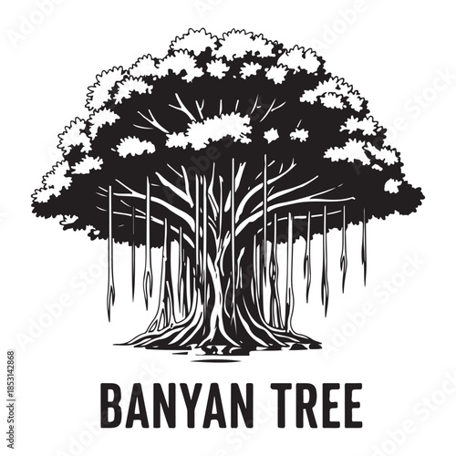 Black and White Banyan Tree Silhouette Vector Illustration.