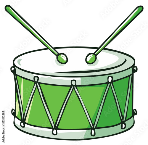Cartoon green drum with drumsticks icon vector illustration for music festival element