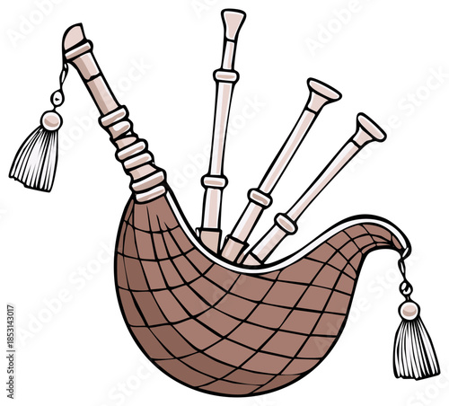 Illustrated Bagpipes: Traditional Musical Instrument with Bellows and Drone Pipes for Folk Music and Celebration