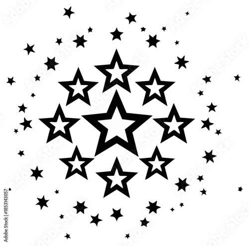 Star cluster design featuring a group of nested five pointed stars, set against a scattered array of smaller star shapes against a plain backdrop