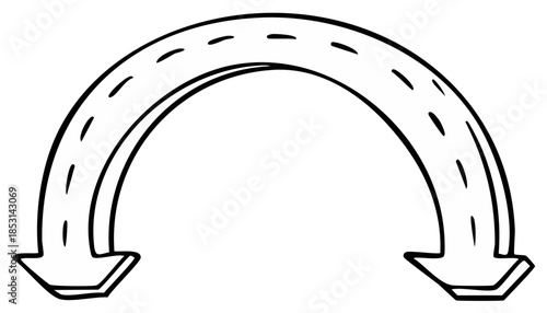 Arch-shaped arrow with dotted line in the middle, black and white sketch