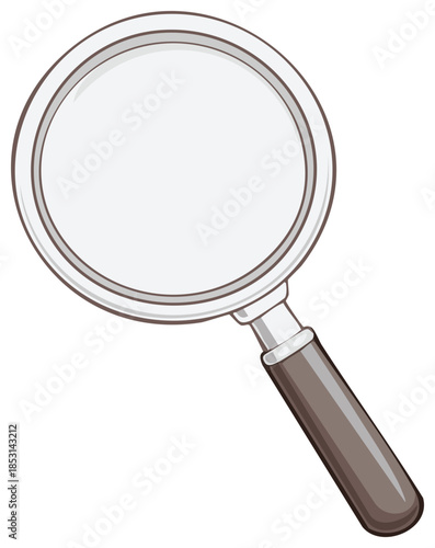 Close up view of a stylized magnifying glass with a gray handle and silver frame
