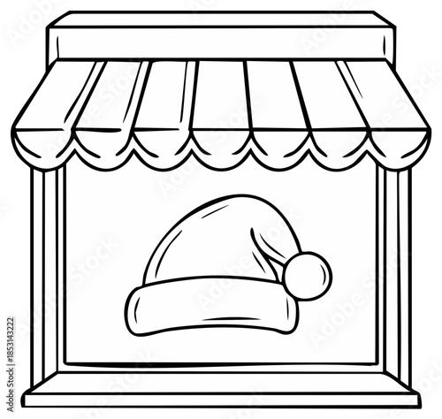 Santa Hat Displayed in Shop Window with Awning Outline Drawing for Holiday Retail