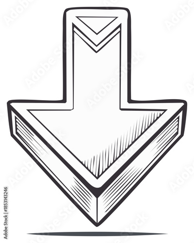 Stylized Downward Arrow Icon Design. Black Line Drawing Arrow Sign. Guide and Navigation Symbol Illustration