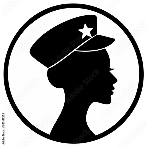 Elegant silhouette of a woman in a service cap with a star emblem in a circular frame