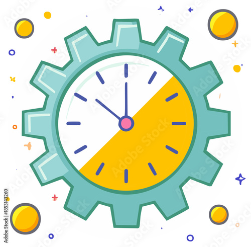Time management concept with a colorful clock face inside a mechanical gear illustration