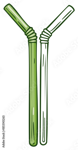 Green Drinking Straws Cartoon Vector Illustration with One Filled and One Outline Style