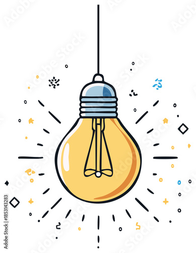 Hanging Lightbulb Idea with Hand Drawn Rays and Doodle Decoration Shining Brightly
