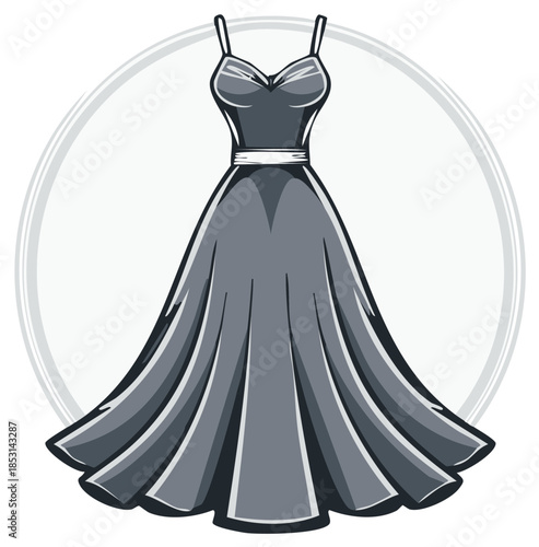 Elegant gray evening gown with flowing skirt and spaghetti straps inside a circular frame
