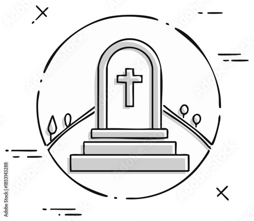 Hand drawn tombstone with cross on steps inside a circle with sketchy lines and crosses