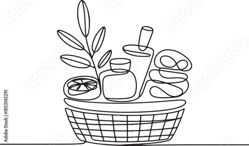 Continuous Line Art Illustration of a Spa Gift Basket Setup in Organic Sketch Contour