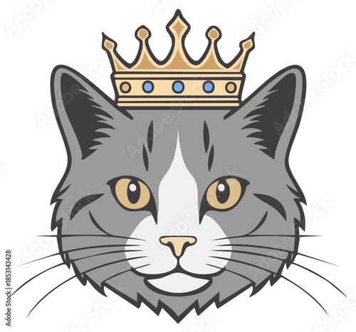 Gray Cat Portrait with Golden Crown, Royal Feline Icon, Pet Design