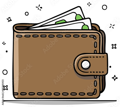 Illustrated brown wallet full of cash, representing finance, wealth, and prosperity