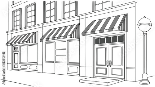 Vector illustration black and white line drawing of a storefront with striped awnings