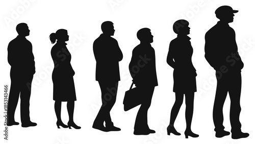 Vector illustration silhouettes of six business professionals standing in a line