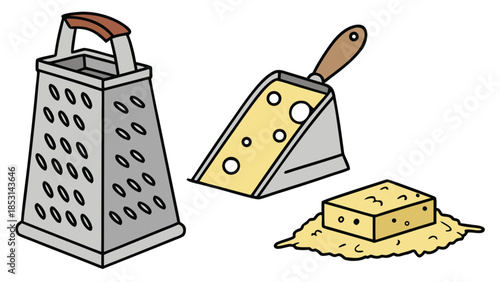 Vector illustration cheese grater, cheese slicer and block of cheese on a table
