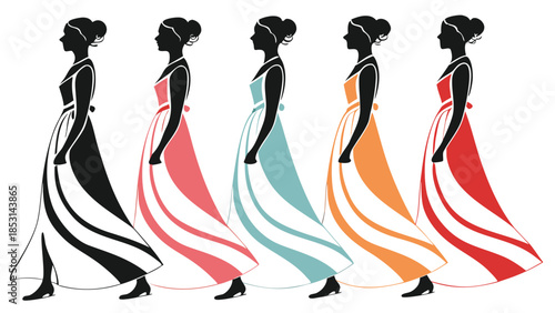 Vector illustration five women in colorful dresses walking in a line