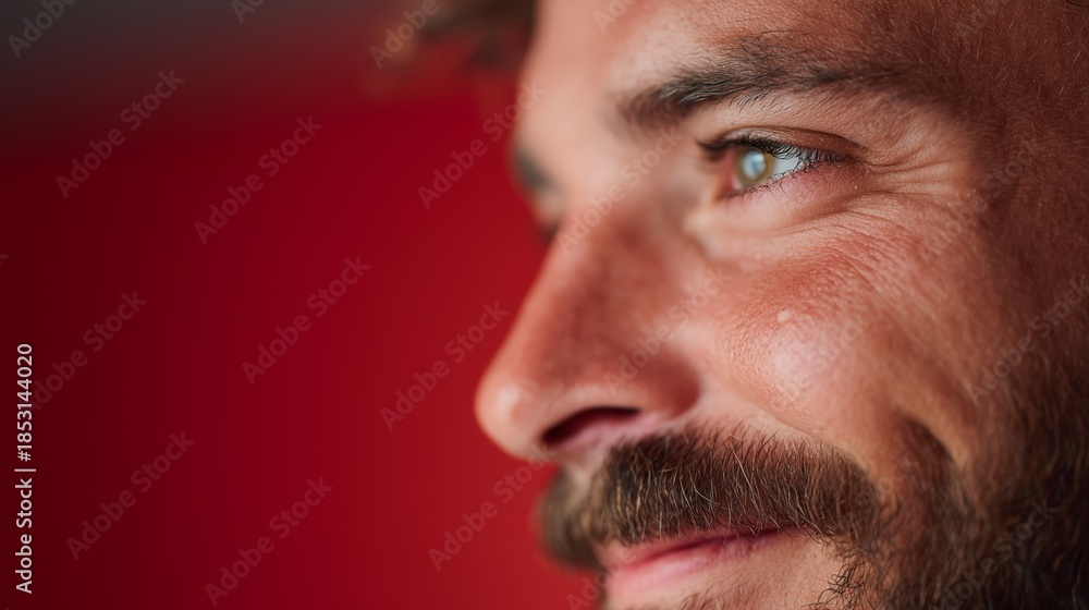 Obraz premium Smiling man with a beard enjoying a moment in front of a red background