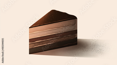Stylized illustration of chocolate cake slice, rich brown tones, smooth layers, soft gradients, flat textured style