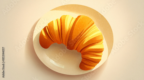 Stylized illustration of croissant on plate, warm golden tones, smooth shapes, soft gradients, subtle paper texture, minimal background, modern flat illustration