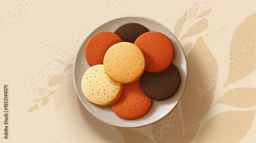 Illustrated cookies on plate, warm baked colors, minimal background, cozy flat illustration with paper texture