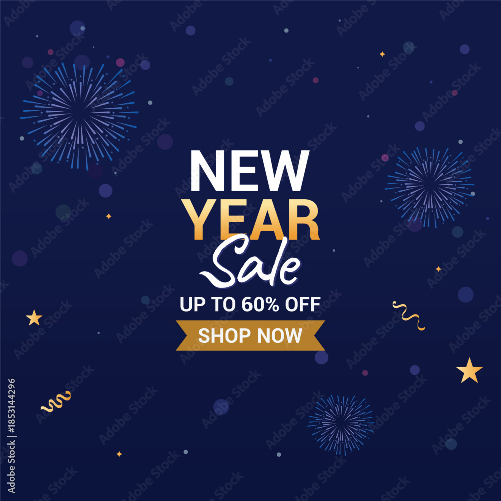 Fototapeta premium New Year sale social media post template with a bold discount offer, stylish typography, and vibrant blue fireworks theme, perfect for festive online promotions and ads.