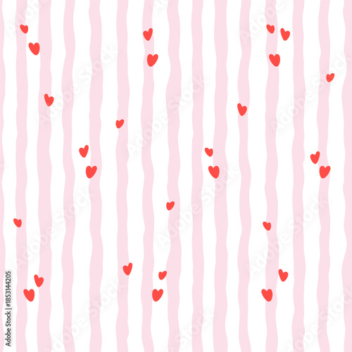 Cute hand drawn Valentine seamless pattern with scattered red hearts on pink striped background Romantic design for wrapping paper, greeting cards, stationery, textile, kids products and holiday decor