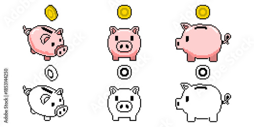 Set of pixel piggy bank icon vector for finance games and saving apps. Ideal for symbolizing thrift, economy, coin storage, and retro wealth accumulation concepts.	
