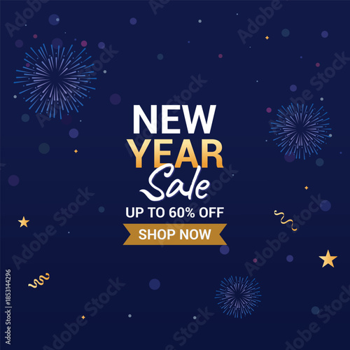 New Year sale social media post template with a bold discount offer, stylish typography, and vibrant blue fireworks theme, perfect for festive online promotions and ads.