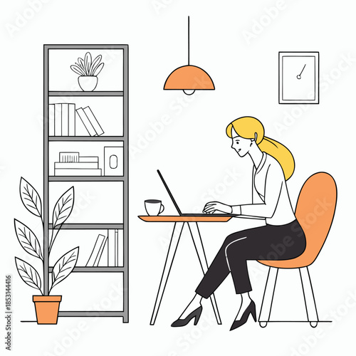 Vector illustration woman working on laptop at desk with bookshelf and plant nearby