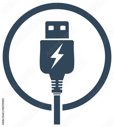 Stylized Blue Symbol of USB Plug with Lightning Bolt for Power and Charging in a Circular Frame