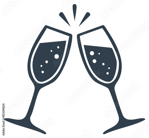 Clinking champagne glasses vector icon for celebration toast and new year party