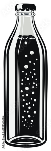 Glass bottle filled with dark bubbly soda and metal cap