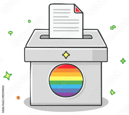 Stylized voting ballot box with LGBT pride rainbow symbol accepting paper document, concept of equality, representation