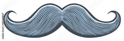 Vintage styled blue and gray mustache illustration with curled ends and detailed line work on a white background