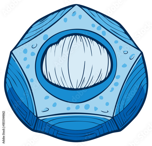 Abstract blue geometric shape with an oval center element and circular specks.