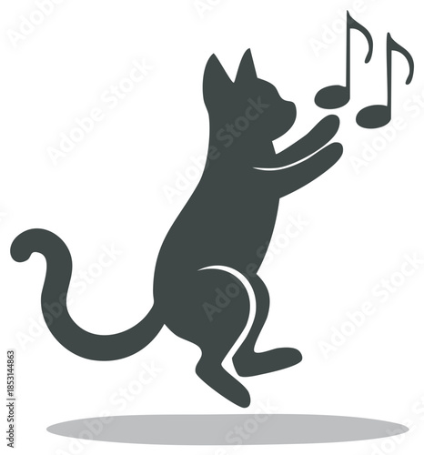 Playful dark grey cat silhouette standing on hind legs reaching for musical notes vector illustration