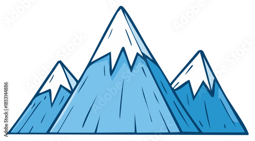 Three blue cartoon mountains with white snowy peaks simple nature illustration