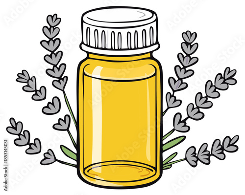 Cartoon Style Illustration of Essential Oil Bottle with Lavender for Aromatherapy and Natural Wellness
