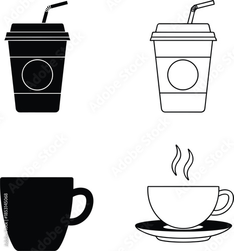 Flat vector icon set of coffee cups and take away soda mugs in black and white silhouette line art style for cafe menus