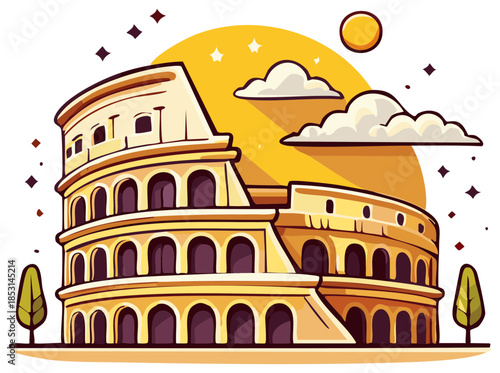Stylized Colosseum Illustration with Arches, Clouds, Sun, and Stars, evoking a sense of historical travel in Vector