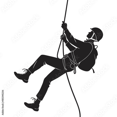 Vector illustration man rappelling down a rope in climbing gear