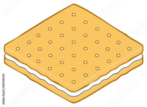Isometric view of sweet cracker sandwich filled with cream filling