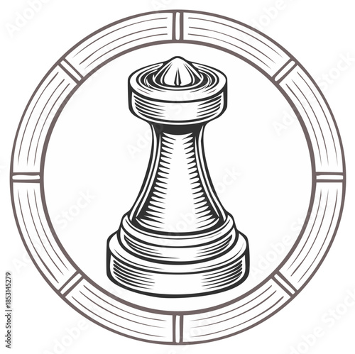 Vintage illustration of a chess piece rook inside a circle