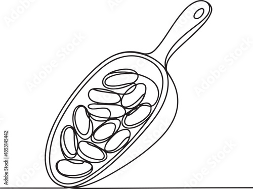 Continuous line art illustration of organic sketch contour forming beans inside a scoop