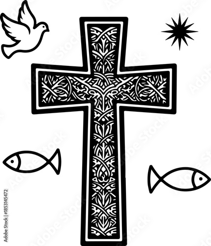 Christian Cross with Radiant Light and Sacred Drapery Silhouette